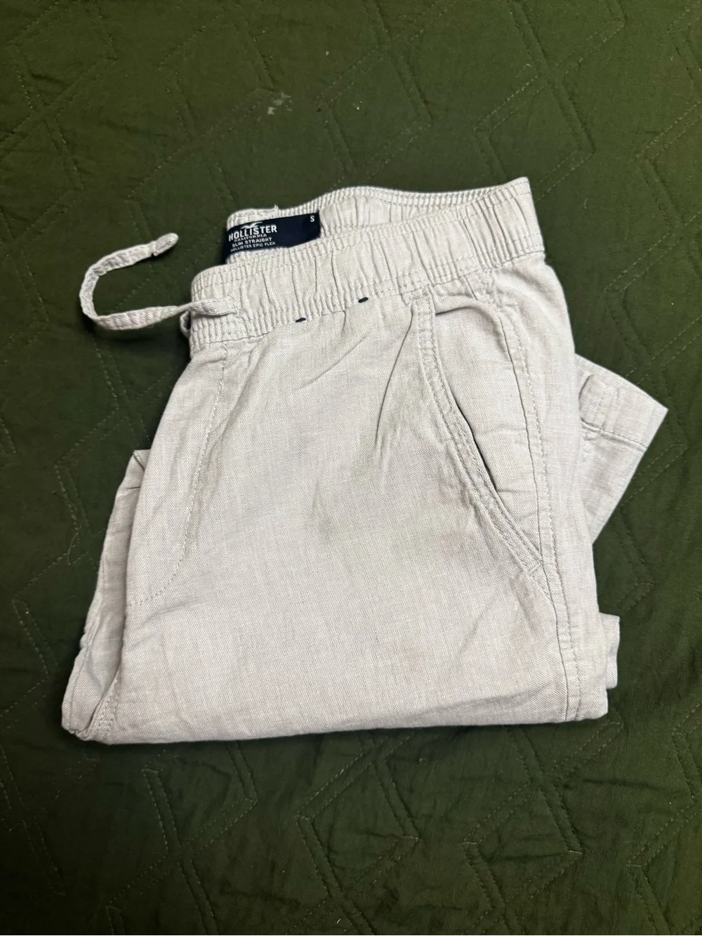 Hollister Men's Light Gray Drawstring Linen-Blend Chinos